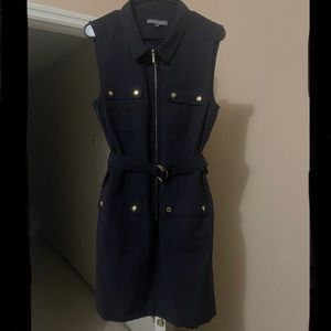 Sharagano sleeveless zip front navy blue dress